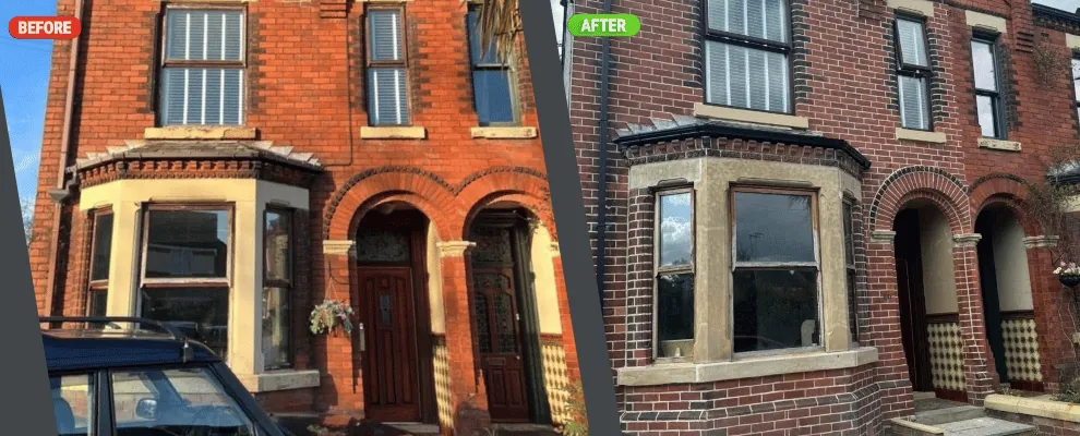 Before and after comparison showing restored brick pointing
